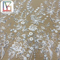 Nouvelle Arrivée Tissu en Dentelle Florale 3D avec Perles, Tissu Perlé à Paillettes, Tissu en Dentelle Brodé pour Robes de Mariée Femme