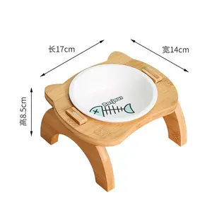 उच्च गुणवत्ता लकड़ी के स्टैंड बिल्ली चीनी मिट्टी का कटोरा पालतू खाने की मेज डबल बिल्ली खिला कटोरा