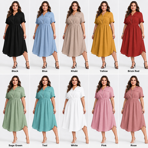 OEM ODM Custom Plus Size Collared Shirt <b>Dress</b> Half-Zip Front <b>Elastic</b> Waist Midi <b>Dress</b> with Pockets for Curvy Women - Product Image 2