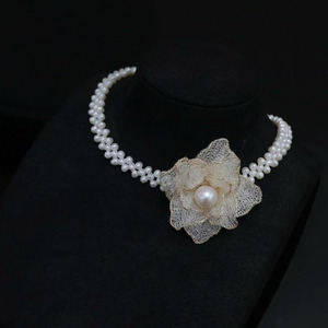 Handmade 14K Gold Filled <b>Choker</b> Necklace, Italian Craft Lace Flower With Natural Freshwater Pearl, Elegant Bridal Fine Jewelry - Product Image 1