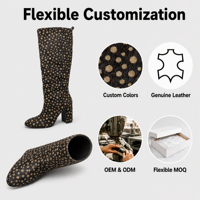 Bottes pour femmes en cuir véritable à pois noirs et or vintage, à talon épais, hauteur genou, avec fermeture éclair latérale, confortables