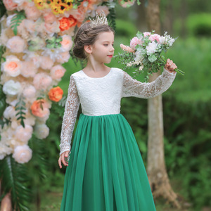 Robe de demoiselle d'honneur pour filles, coupe trapèze, col rond, haut en dentelle, jupe verte, robe de mariée pour enfants de 3 à 12 ans - Product Image 3