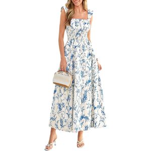 FOXA Floral Print Maxi Dress Women <b>Elastic</b> Waist Square Neck Boho A-Line Woven Breathable Summer Beach Leisure - Product Image 1