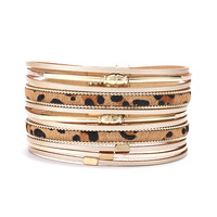 Bijoux bohèmes en crin de cheval fermoir magnétique Bracelet en cuir fait à la main multicouche Bracelet en cuir imprimé léopard pour femmes