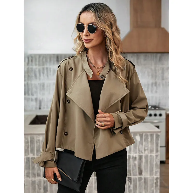 2023 New Style Classic Double Breasted Jackets Short Windproof Belt Trench Coat Women