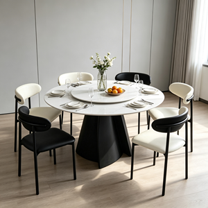 Ensemble de table à manger moderne en pierre frittée avec plateau tournant, 6 chaises en cuir PU, base en métal noir, pour la maison et l'appartement - Product Image 1