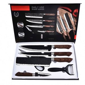 Ensemble de couteaux de chef en acier inoxydable à succès avec accessoires et manches en bois, couteaux de cuisine à manche drapé, ensemble de cuisine - Product Image 1