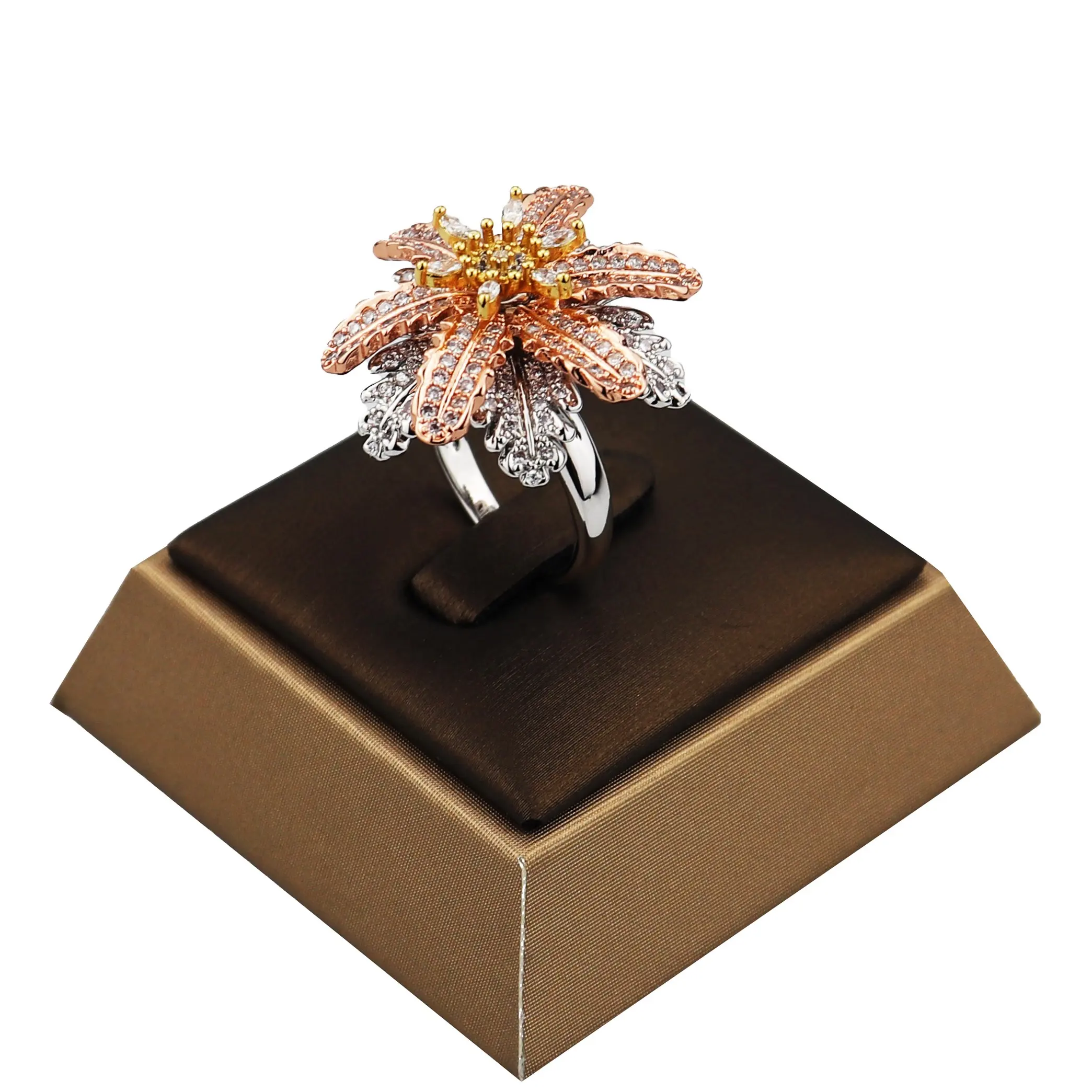 Tricolor Flower Rose Gold Plated Jewelry copper Micro Pave Zircon Luxury Party Wedding Ring Girl for jewelry