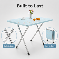 Table à manger rectangulaire pliante bleu clair à motifs floraux, avec pieds en acier inoxydable en forme de X, plateau imperméable
