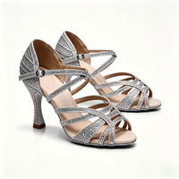Chaussures de danse latine en strass argentés pour femmes, talons hauts scintillants, semelle en daim souple, salsa, tango, bachata, chaussures de danse de salon