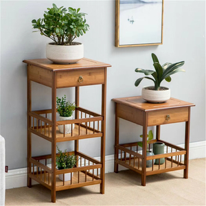 Modern 2-Tier <strong>Bamboo</strong> <strong>Bedside</strong> Sofa Coffee End <strong>Table</strong> with Drawer Plant Display Storage Shelf Unit Lacquer Finish Home Furniture - Product Image 1