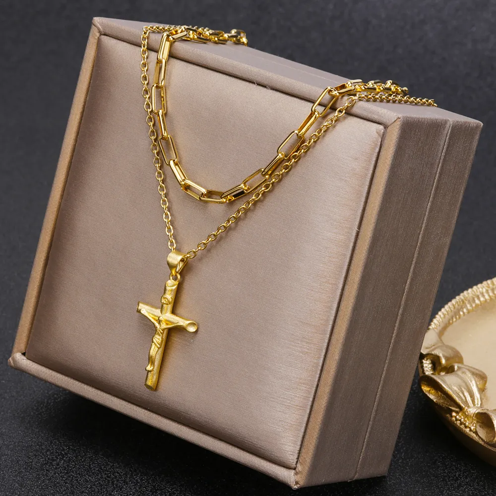 New Style Stainless Steel Gold Color Cross Charm Necklace Religion Accessory Layered Chain Jesus Christ Pendant Necklace