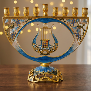 Candelabro Menorá Artístico de Mosaico para Hanukkah, Hecho a Mano, Ecológico, Azul y Dorado, Regalos Religiosos Judaicos para Cumpleaños - Product Image 4