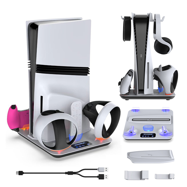 Multifunctional Vertical Cooling Stand with Charging Dock for PS5 Slim Pro VR2 Controller Charging Station for PlayStation 5