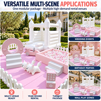 Ensemble d'équipements de jeux gonflables commerciaux rose et blanc avec château gonflable, piscine à balles et structure d'escalade en mousse pour la location d'événements et de fêtes
