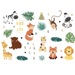 Pegatina de pared de animales del bosque para sala de estar, papel tapiz autoadhesivo de dibujos animados de zorro, mono, León, para dormitorio - Product Image 1