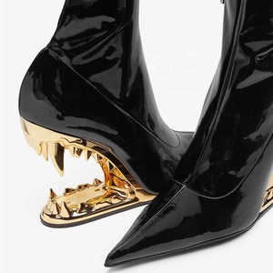 Custom Teeth Shape Wedge Heels Women's Skintight Over Knee Boots Pointed Toe Patent Long Booties Thigh High <b>Shoes</b> - Product Image 4