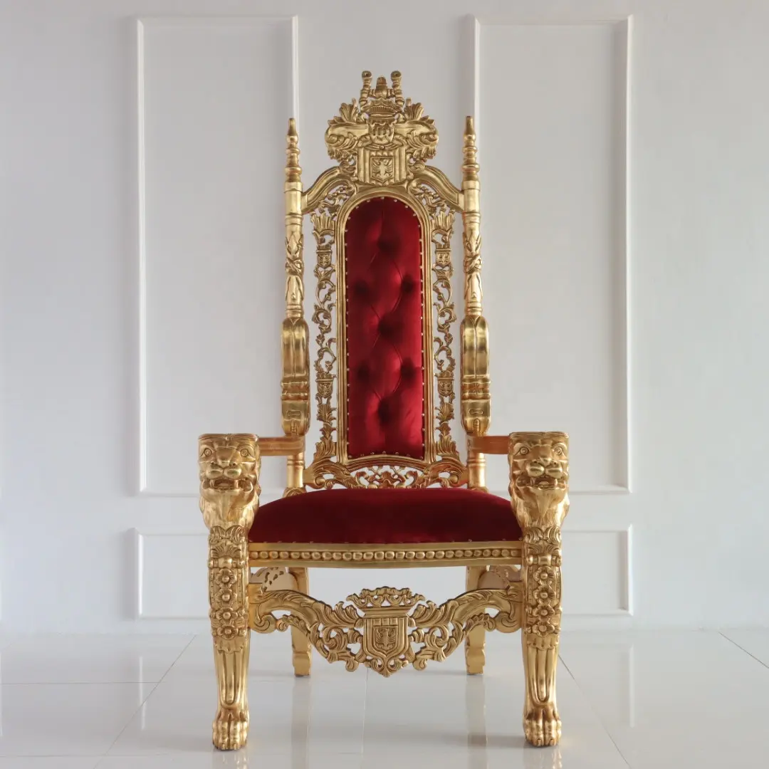 หัวสิงโตที่สง่างามแกะสลักเก้าอี้บัลลังก์กษัตริย์ที่มีใบทองจบ-เฟอร์นิเจอร์อินโดนีเซีย