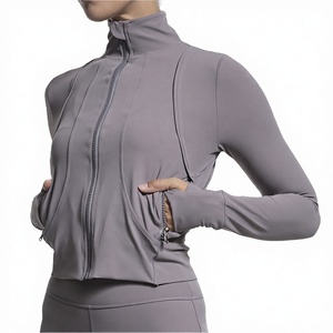 Spandex/Polyester Solid Breathable Women's SportsWear Zip-Up Long Sleeve Gray <b>Yoga</b> Thumb Hole Sports <b>Jacket</b> - Product Image 3