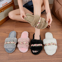 Nouvelles pantoufles pour femmes, style féerique, toutes saisons, à semelle souple, pour la maison, en peluche artificielle, avec dessus en PVC et fourrure, motif floral