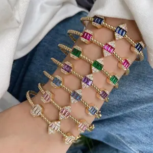 Newest Wholesale Fashion Jewelry Different Shapes Rainbow CZ Gold Plated Brass Adjustable Women and Men Bangle Bracelets