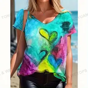 Customize Clothing With Your Logo Women's New Abstract Character Positioning Print V-Neck Pullover T-Shirt Women's Top