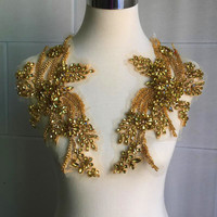 Applique Broderie Scintillante Dentelle Strass 3D Perles Cristaux Rouge Doré Corsage de Mariée pour Robe de Soirée à Coudre