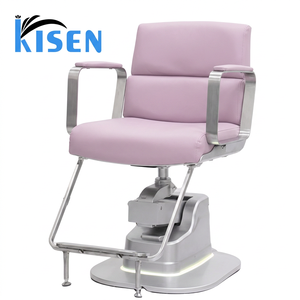 Chaise de barbier KISEN avec base lumineuse LED, levage hydraulique, fauteuil de coiffure en métal argenté avec accoudoirs en cuir PU, pivotant pour salon de coiffure - Product Image 2