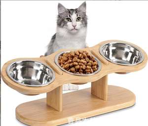 Ahşap kedi kase tutucu servikal omurga kase ayarlanabilir bambu raf pet üç kase tutucu - Product Image 1