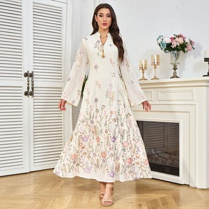 Gaun Maxi kasual wanita, Gaun kerah berdiri kualitas tinggi bernapas pola bunga poliester bordir payet untuk - Product Image 6