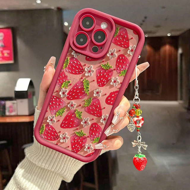 Flower Strawberry Painting Pendant Chain Phone Case For IPhone 17 16 15 14 13 12 11 Pro Max 16E XS X XR 7 8 Plus Silicone Cover