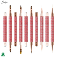Ensemble de pinceaux à ongles tendance 2027 avec doublure en nylon rouge, manche en métal orné de strass, double embout, pour salons professionnels et écoles de beauté