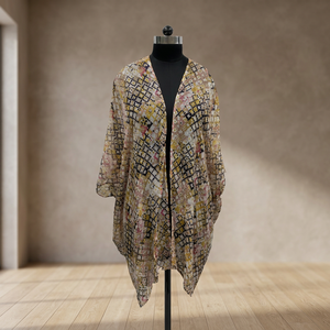 Boho Geometric Print Chiffon <b>Kimono</b> <b>Cardigan</b> V-Neck Loose Asymmetric Drop Shoulder Three Quarter Sleeve Maxi Length - Product Image 3