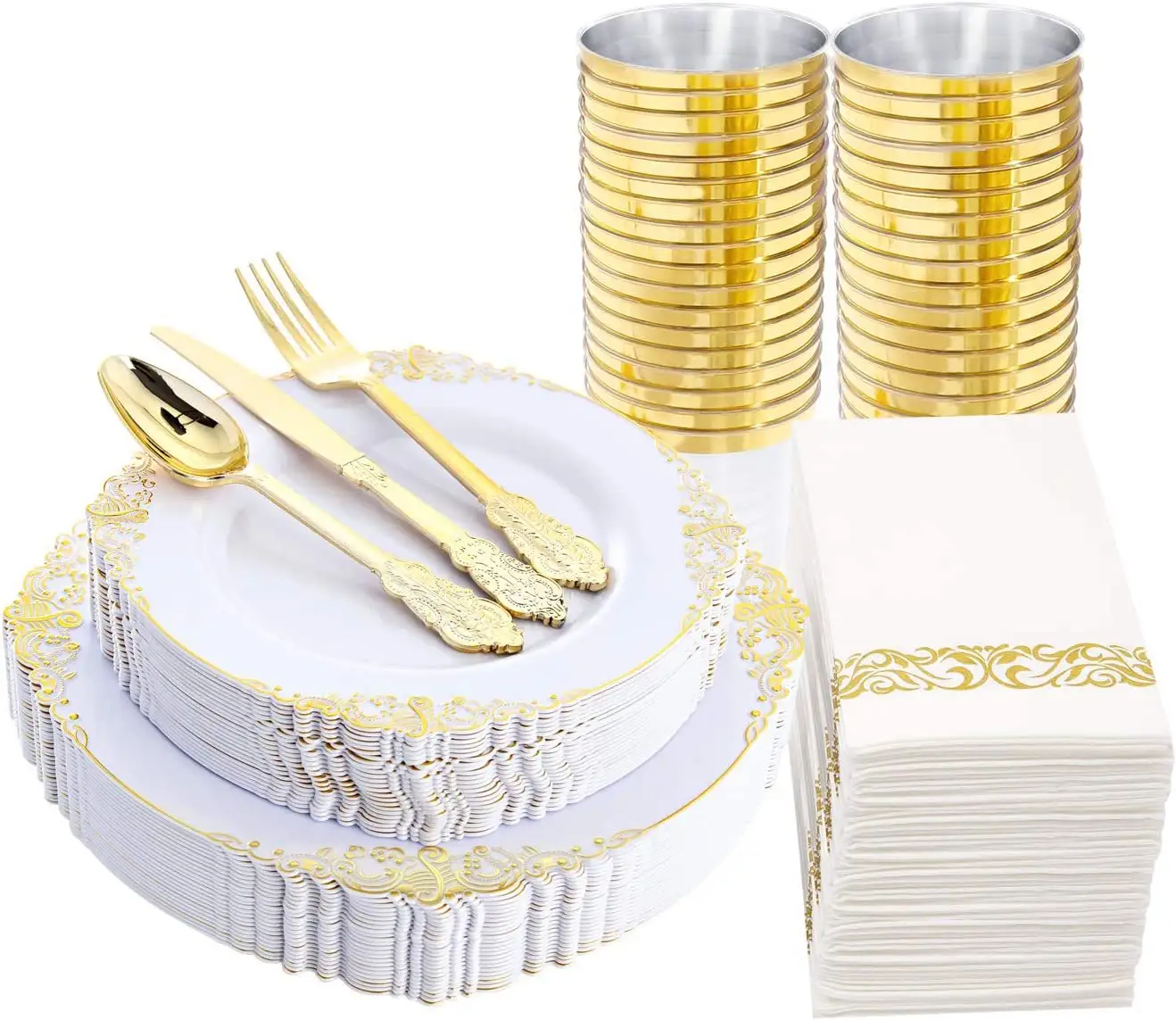 Оптовая продажа, набор 300 тарелок из 175 предметов, одноразовые принадлежности для вечеринок, посуда и тарелки с золотым ободом, кружевная посуда для банкетов