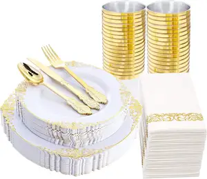 Vente en gros 175 Pièces 300 Pièces Ensemble d'Assiettes Jetables Articles de Fête Kits Vaisselle et Assiettes Or Bord Dentelle Banquet Vaisselle