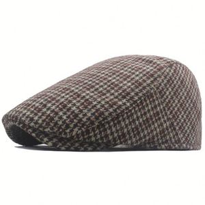 Wool Tweed Checked Herringbone Beret Hats <b>Men</b> Fall Winter Plaid <b>Flat</b> Gatsby Hat Outdoor Warm <b>Flat</b> Top Ivy <b>Cap</b> - Product Image 5