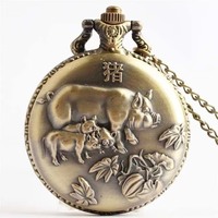 Bronce antiguo 12 Reloj de bolsillo del zodiaco chino Retro Tridimensional Animal Grabado Cuarzo antiguo con correa de reloj