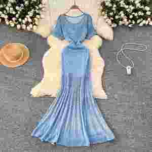 Robe midi décontractée coréenne d'été pour femme en polyester/coton, style empire, avec dentelle ajourée, tricotée, à bretelles spaghetti, manches courtes, imprimé numérique - Product Image 2