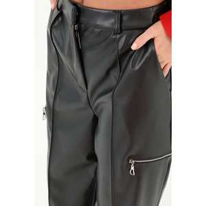 Pantalones de cuero sintético de cintura alta y pierna ancha para mujer, color negro, con bolsillos con cremallera - Product Image 1