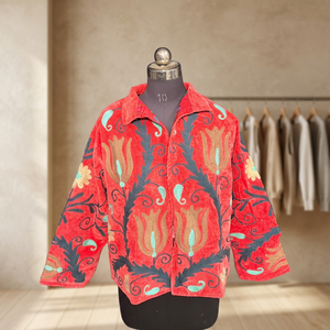 Vintage Red Suzani Embroidered <b>Velvet</b> Jacket Floral Boho <b>Coat</b> Kashmiri Handmade Open Front Cardigan <b>Women</b> Winter Jacket - Product Image 4