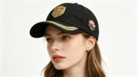 Casquette de baseball unisexe réglable à 6 panneaux, 100 % polyester sergé, boucle argentée cuivrée, visière incurvée, visière plate, emblème floral doré