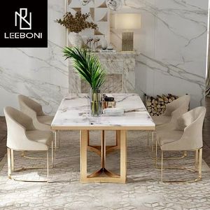 Phổ Biến Nhất Đồ Nội Thất Vàng Thép Không Gỉ Sang Trọng Hiện Đại 6 Chỗ Ngồi Hình Chữ Nhật Thiết Kế Bằng Đá Cẩm Thạch Bàn Ăn - Product Image 2