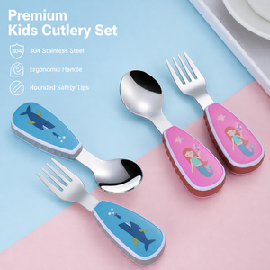 Juego de Cuchara y Tenedor para Bebés, Diseño de Dibujos Animados, Libre de BPA, Resistente al Calor, Acero Inoxidable 304, con Estuche Portátil - Product Image 1