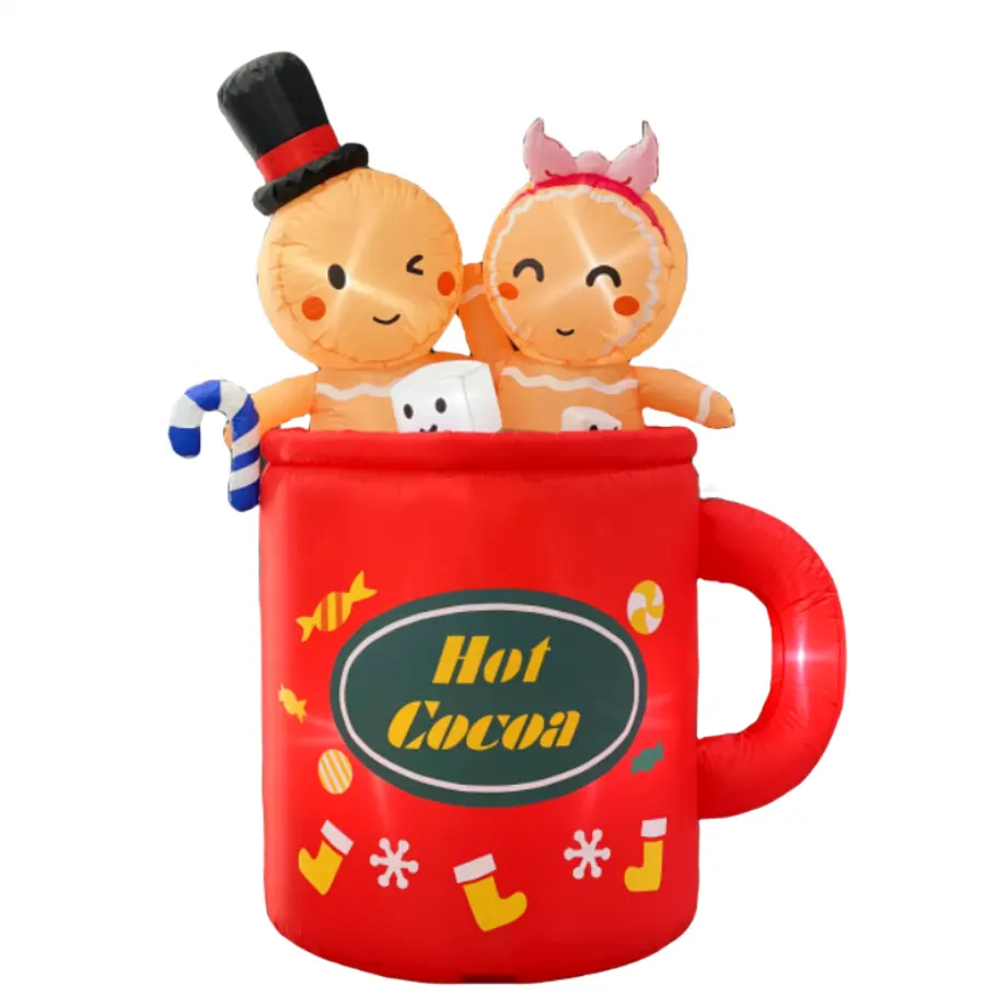 6FT 72 इंच विज्ञापन इन्फ्लैटेबल कॉफी कप और जिंजरब्रेड इन्फ्लैटेबल क्रिसमस सजावट एलईडी लाइट्स क्रिसमस सीजन आउटडोर के साथ
