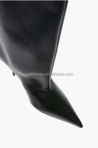 Volume exagéré en cuir de veau mat à enfiler talon aiguille filles genou haut jambe large cuissardes chaussons en cuir cuissardes botte en noir - Product Image 6