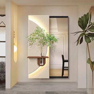 Dipinto Decorativo Moderno con Texture Arenaria, <span class=keywords><strong>Vaso</strong></span> e Luce LED, Specchio Scorrevole Nascosto a Mezzo Cerchio Verticale - Product Image 2