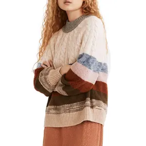Autumn and winter new Stripe Mock Neck long sleeve women's pullover Cable Knit Sweater