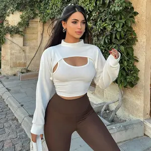 X08478C Women Fashion Knit Ribbed Tank Vest Top and Long Sleeve Crop Cover-ups Two 2 Piece Set Outfits