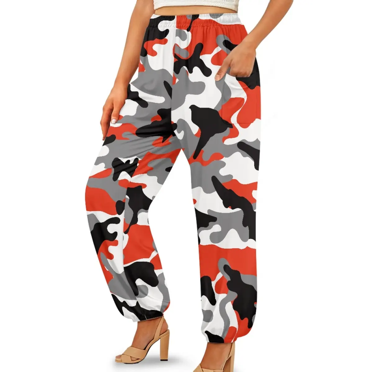 Red Black And Grey Camouflage Print Elastic Waist Loose Leisure Long Length Harem Pants Hot Sale Wholesale Fitness Leggings