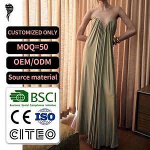 เดรสยาวแบบมีซิปด้านหลัง คุณภาพสูง ผลิตตามสั่ง ขายส่ง สำหรับผู้หญิง แบบไร้สายรัดไหล่ คอวีลึก จับจีบด้านหลัง เปิดหลัง ไร้แขน เหมาะสำหรับงานเลี้ยงตอนเย็น - Product Image 1
